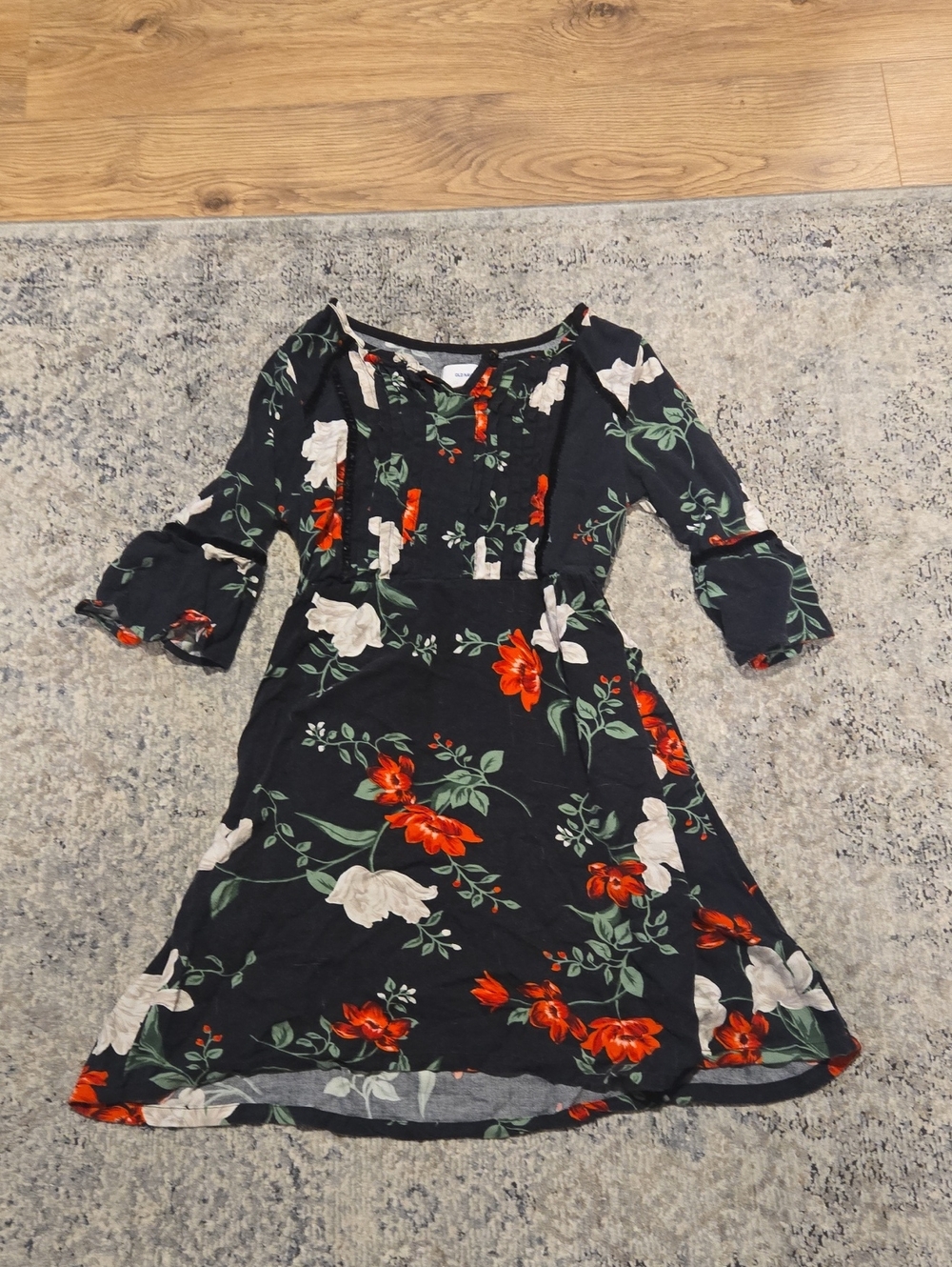 Old Navy Black Floral Midi Dress with Red & White Blooms